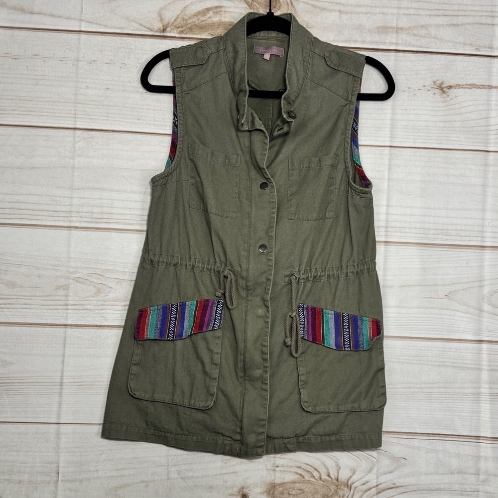 Harper Women Olive Green Utility Vest Boho Striped Trim Drawstring Waist Small